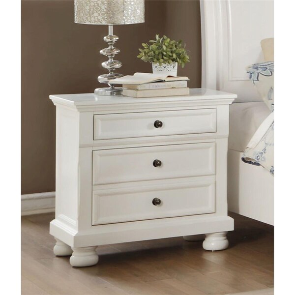 Benzara Transitional Style Two Drawer Wooden Night Stand with Round Bun Legs, White - 29.25 x 18 x 28 in. BM188578 - main